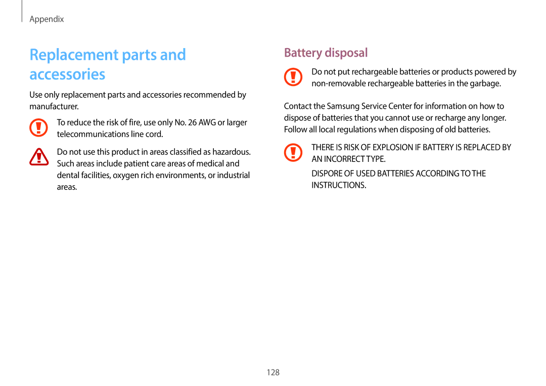 Samsung NP940X3GK02US, NP940X3GK04US, NP940X3GK01US user manual Replacement parts and accessories, Battery disposal 