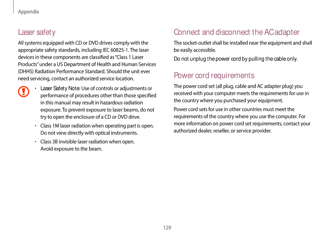 Samsung NP940X3GK04US, NP940X3GK01US Laser safety, Connect and disconnect the AC adapter, Power cord requirements 