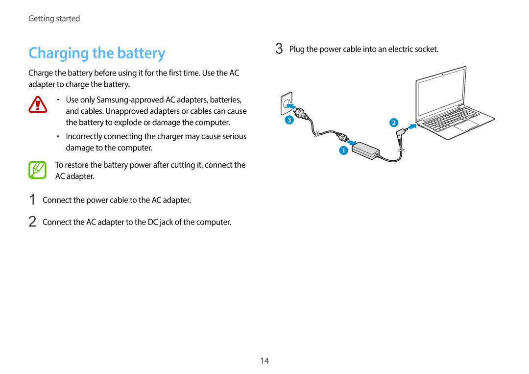 Samsung NP940X3GK02US, NP940X3GK04US, NP940X3GK01US Charging the battery, Connect the power cable to the AC adapter 