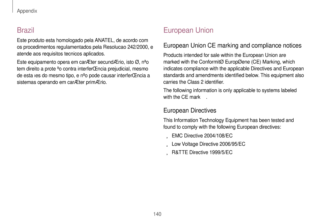 Samsung NP940X3GK02US, NP940X3GK04US, NP940X3GK01US user manual Brazil, European Union, European Directives 