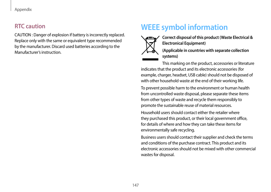 Samsung NP940X3GK04US, NP940X3GK01US, NP940X3GK02US user manual Weee symbol information, RTC caution 