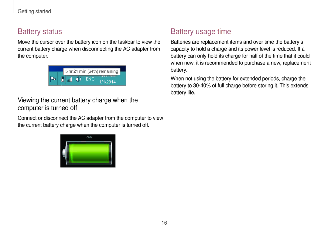 Samsung NP940X3GK01US, NP940X3GK04US, NP940X3GK02US user manual Battery status, Battery usage time 