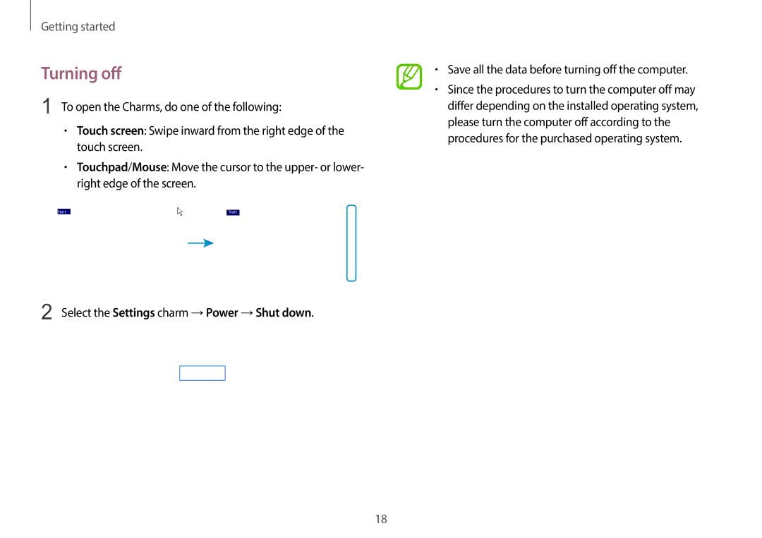 Samsung NP940X3GK04US, NP940X3GK01US, NP940X3GK02US user manual Turning off, Select the Settings charm → Power → Shut down 