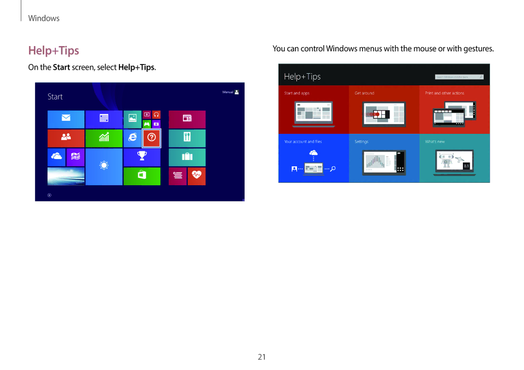 Samsung NP940X3GK04US, NP940X3GK01US, NP940X3GK02US user manual On the Start screen, select Help+Tips 