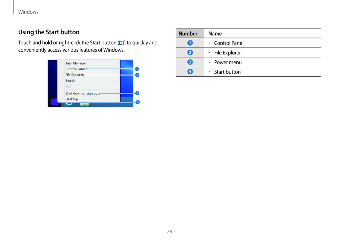 Samsung NP940X3GK02US user manual Using the Start button, Number Name, Control Panel File Explorer Power menu Start button 