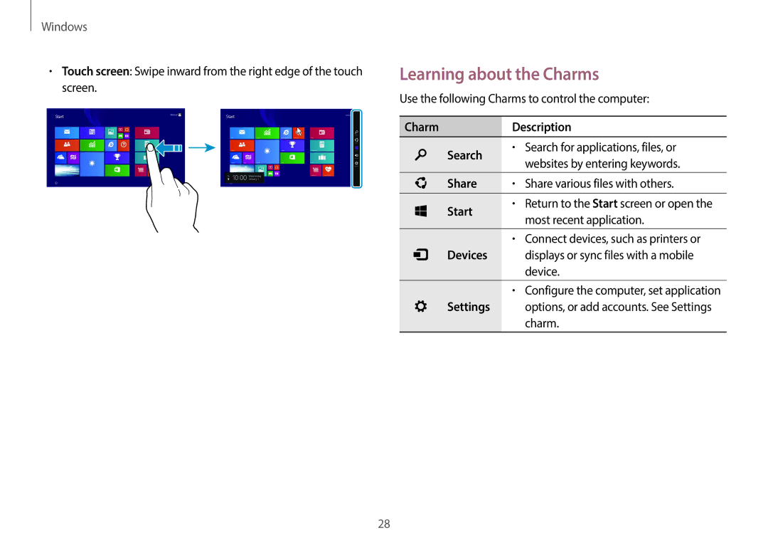 Samsung NP940X3GK01US, NP940X3GK04US, NP940X3GK02US user manual Learning about the Charms 