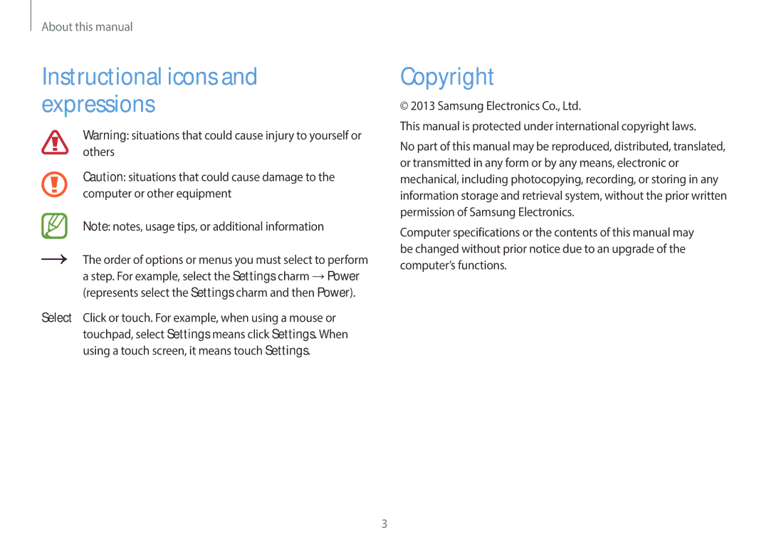 Samsung NP940X3GK04US, NP940X3GK01US, NP940X3GK02US user manual Instructional icons and expressions, Copyright 