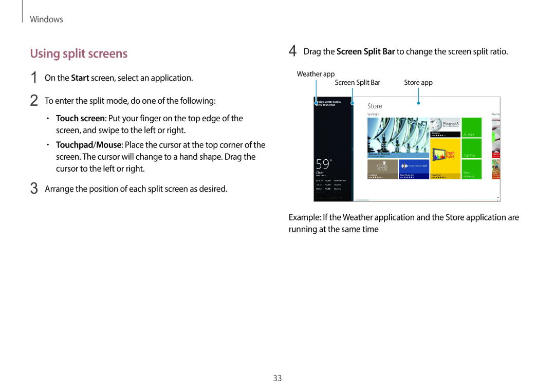 Samsung NP940X3GK04US, NP940X3GK01US, NP940X3GK02US user manual Using split screens 