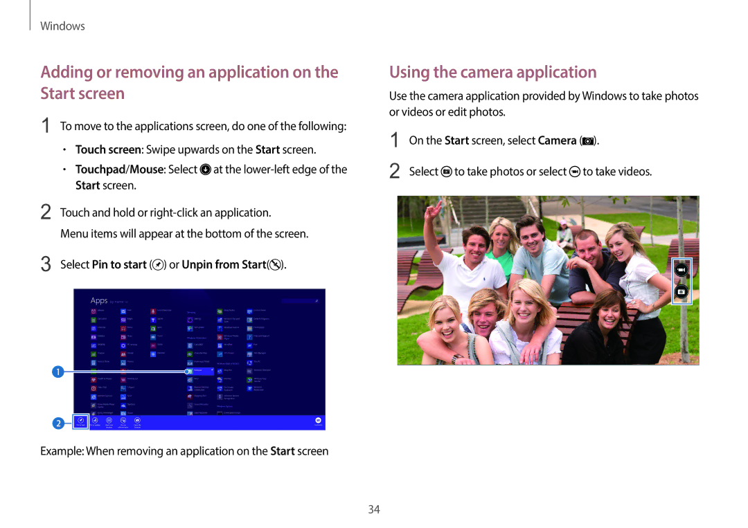 Samsung NP940X3GK01US, NP940X3GK04US Adding or removing an application on the Start screen, Using the camera application 