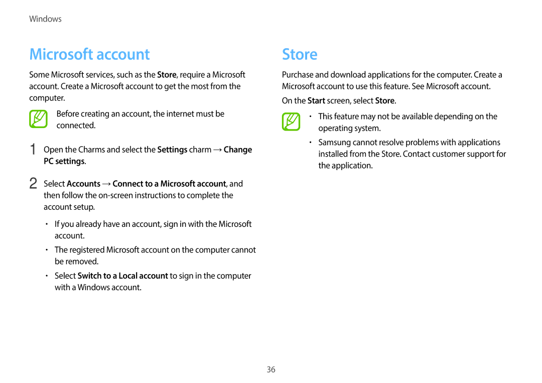 Samsung NP940X3GK04US, NP940X3GK01US, NP940X3GK02US user manual Microsoft account, Store, PC settings 