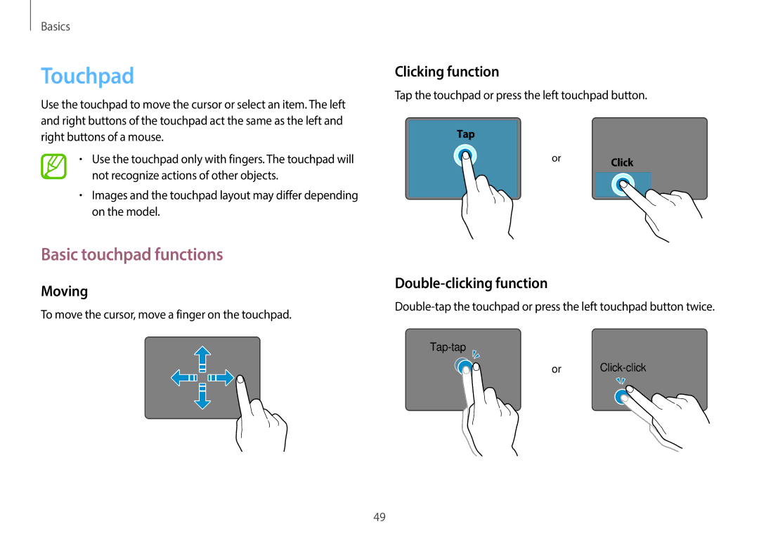 Samsung NP940X3GK01US user manual Touchpad, Basic touchpad functions, Moving, Clicking function, Double-clicking function 