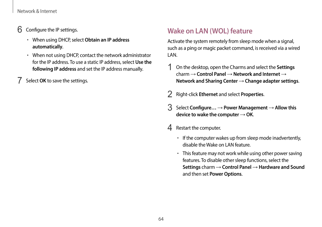 Samsung NP940X3GK01US user manual Wake on LAN WOL feature, Select OK to save the settings, Device to wake the computer → OK 