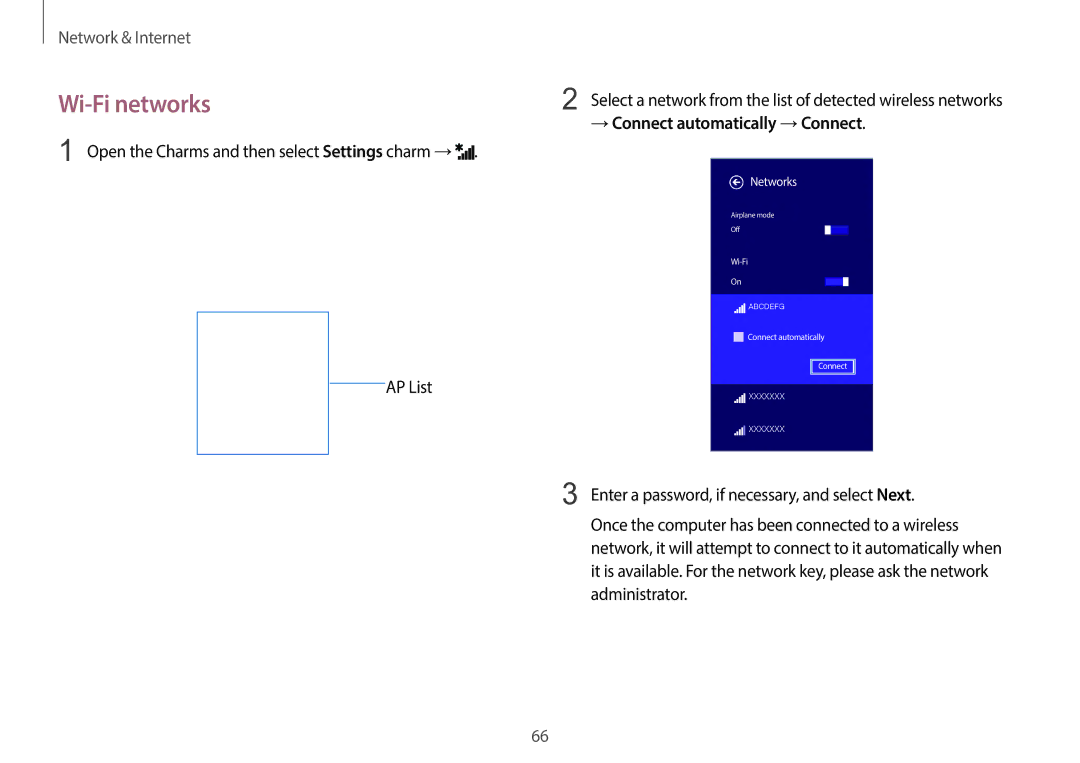 Samsung NP940X3GK04US Wi-Fi networks, Open the Charms and then select Settings charm →, → Connect automatically → Connect 