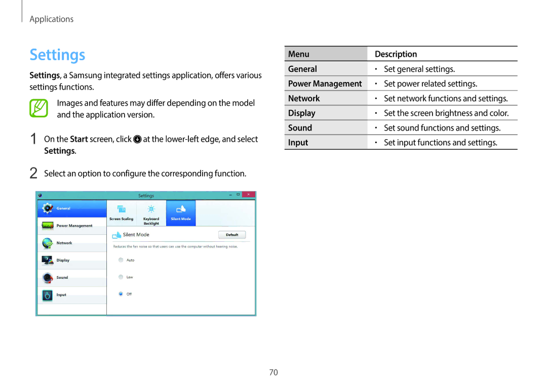 Samsung NP940X3GK01US, NP940X3GK04US, NP940X3GK02US user manual Settings, Menu Description General, Display, Input 