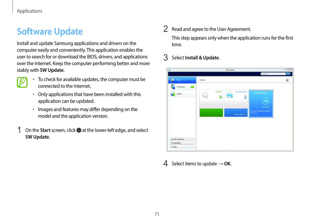 Samsung NP940X3GK02US, NP940X3GK04US, NP940X3GK01US Software Update, Select Install & Update, Select items to update → OK 