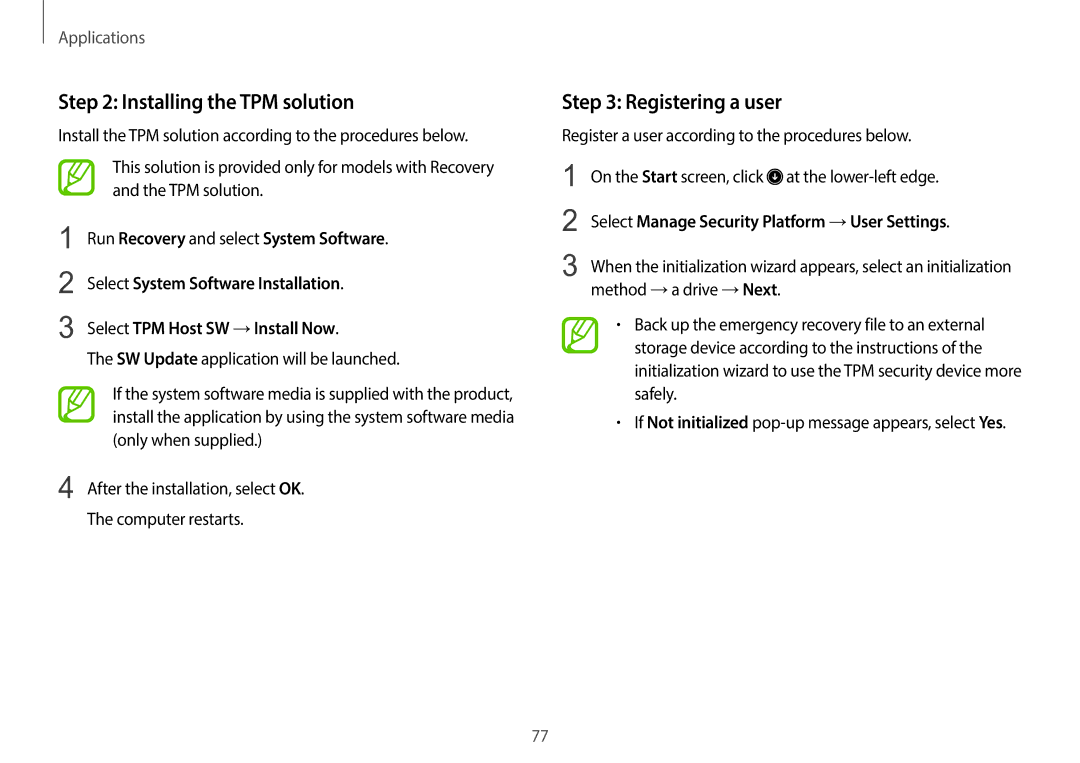 Samsung NP940X3GK02US user manual Installing the TPM solution, Registering a user, Run Recovery and select System Software 