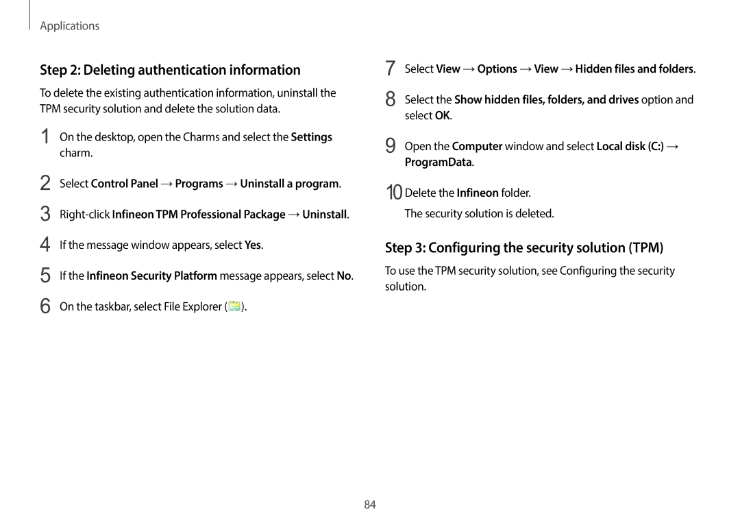 Samsung NP940X3GK04US user manual Deleting authentication information, Configuring the security solution TPM, ProgramData 