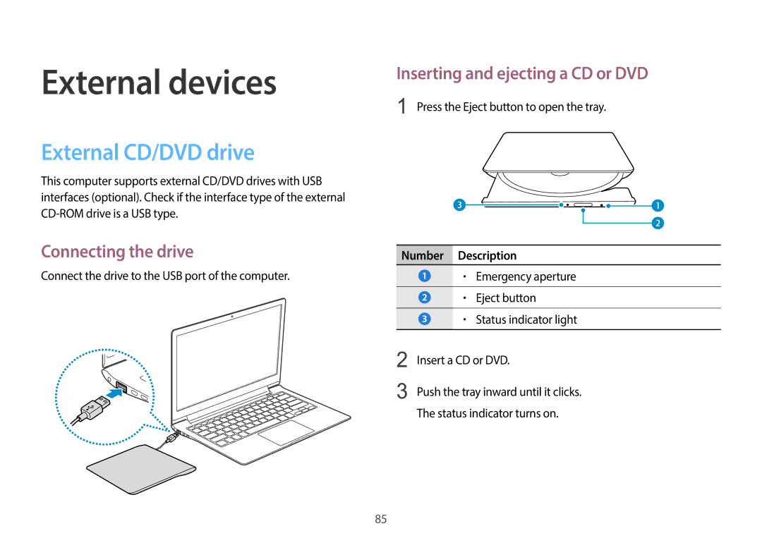 Samsung NP940X3GK01US, NP940X3GK04US External CD/DVD drive, Connecting the drive, Inserting and ejecting a CD or DVD 