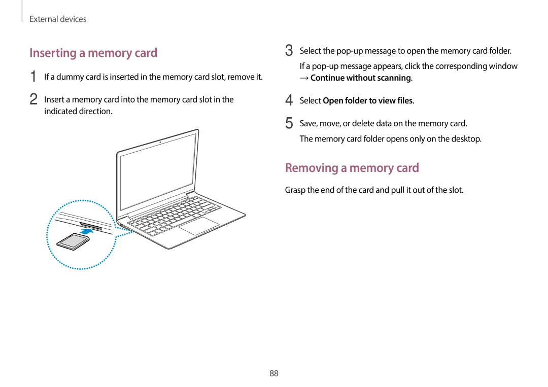 Samsung NP940X3GK01US, NP940X3GK04US Inserting a memory card, Removing a memory card, → Continue without scanning 