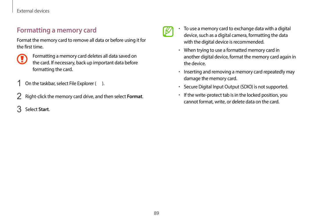 Samsung NP940X3GK02US, NP940X3GK04US, NP940X3GK01US user manual Formatting a memory card, Select Start 