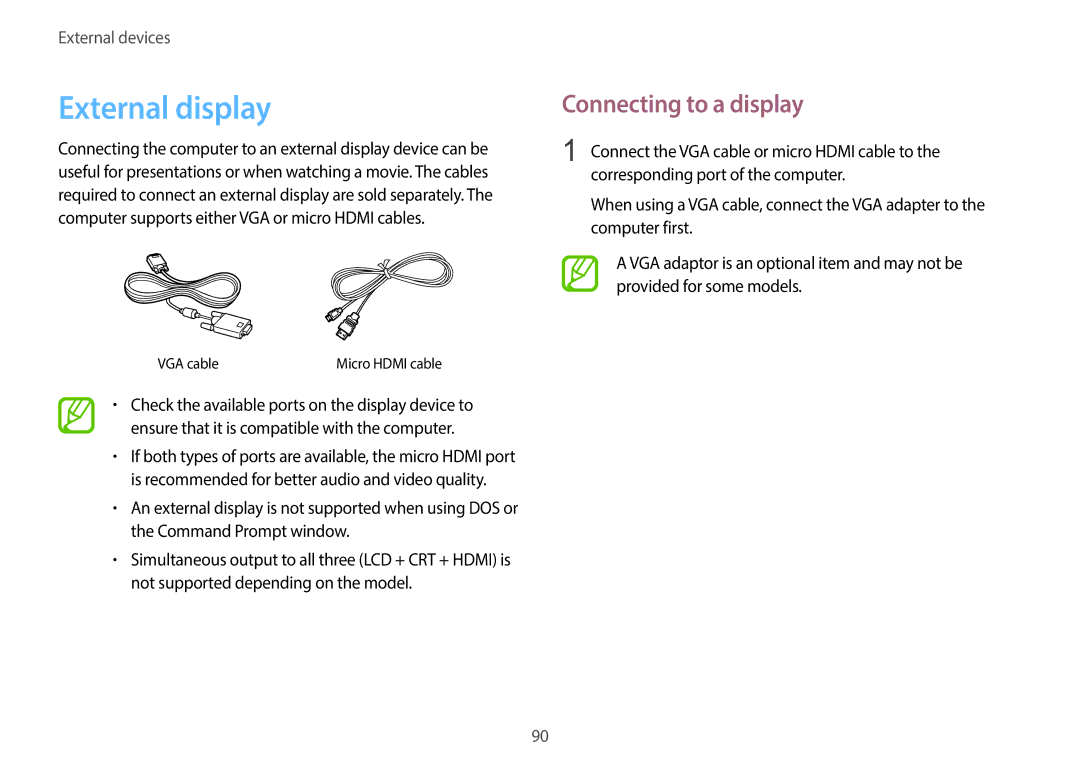 Samsung NP940X3GK04US, NP940X3GK01US, NP940X3GK02US user manual External display, Connecting to a display 