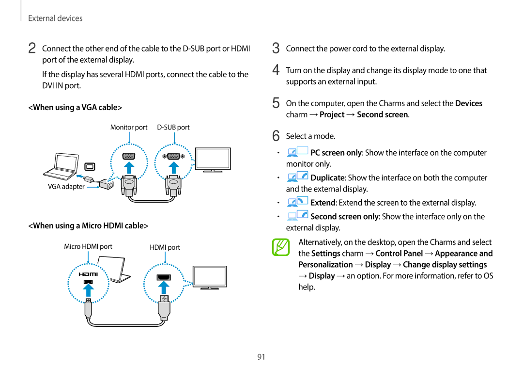 Samsung NP940X3GK01US, NP940X3GK04US When using a VGA cable, When using a Micro Hdmi cable, Supports an external input 