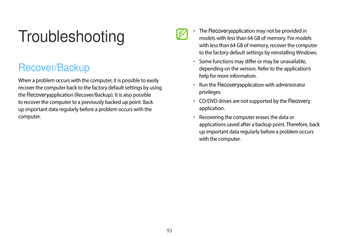 Samsung NP940X3GK04US, NP940X3GK01US, NP940X3GK02US user manual Troubleshooting, Recover/Backup 