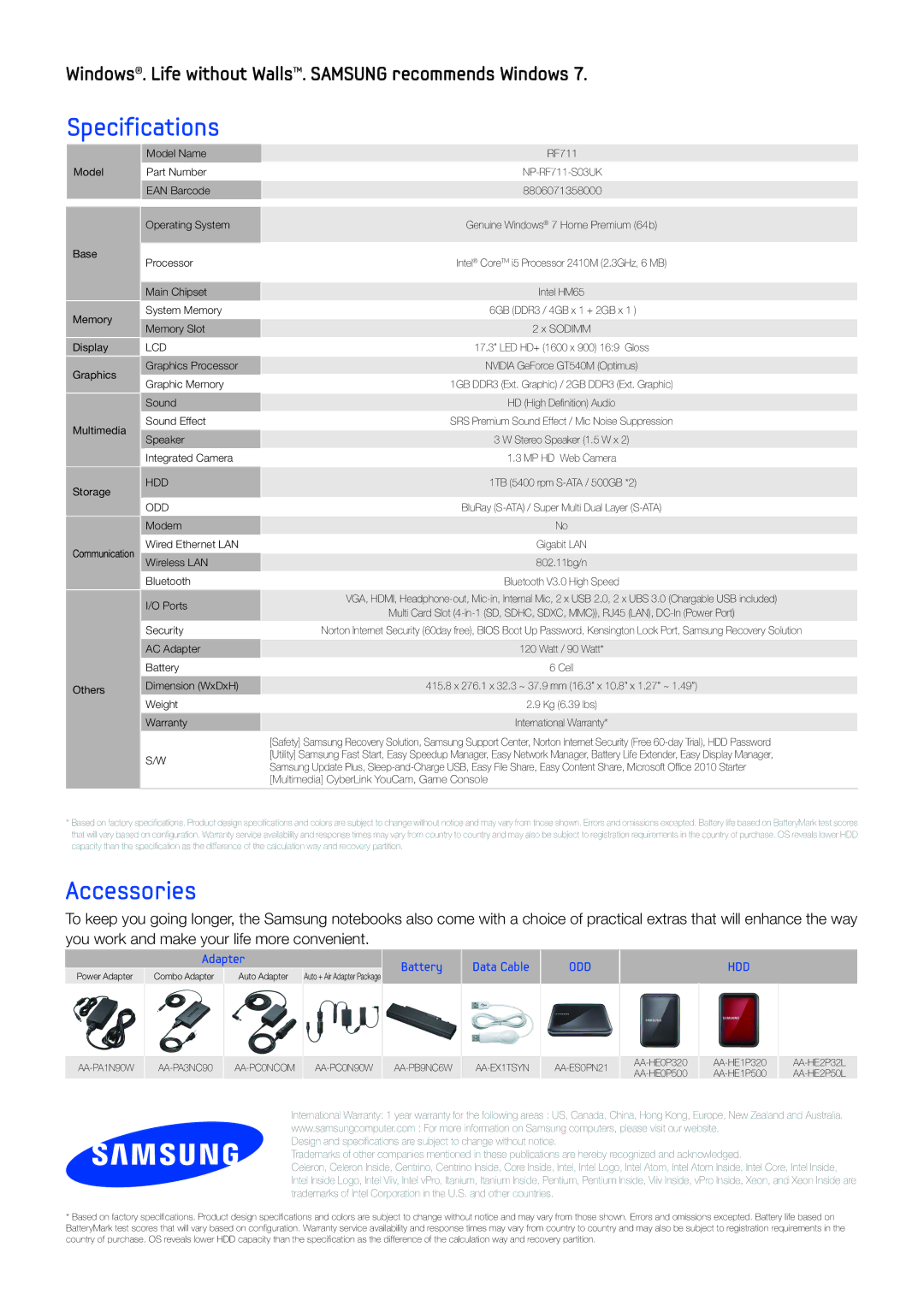 Samsung NPRF711S01US manual Specifications, Accessories 