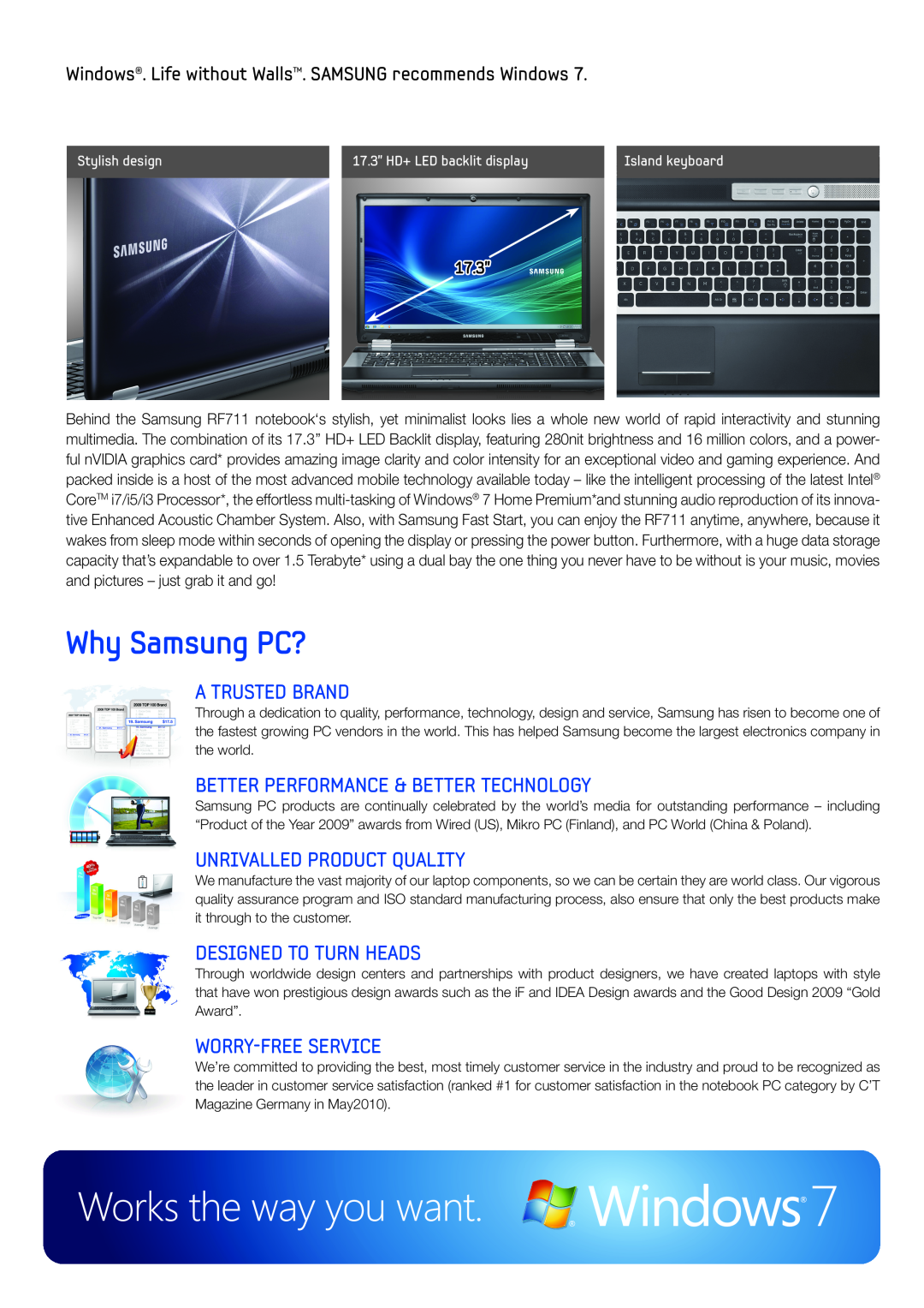 Samsung NPRF711S01US manual Windows. Life without Walls. SAMSUNG recommends Windows, Why Samsung PC?, A Trusted Brand 