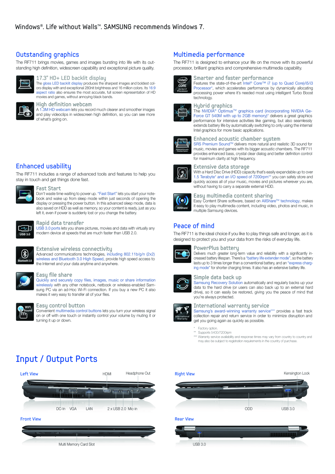 Samsung NPRF711S01US Input / Output Ports, Windows. Life without Walls. SAMSUNG recommends Windows, Outstanding graphics 