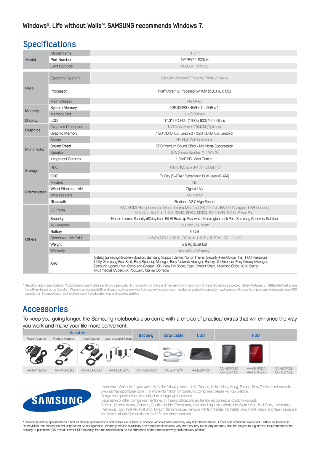 Samsung NPRF711S01US manual Specifications, Accessories, Windows. Life without Walls. SAMSUNG recommends Windows, Adapter 