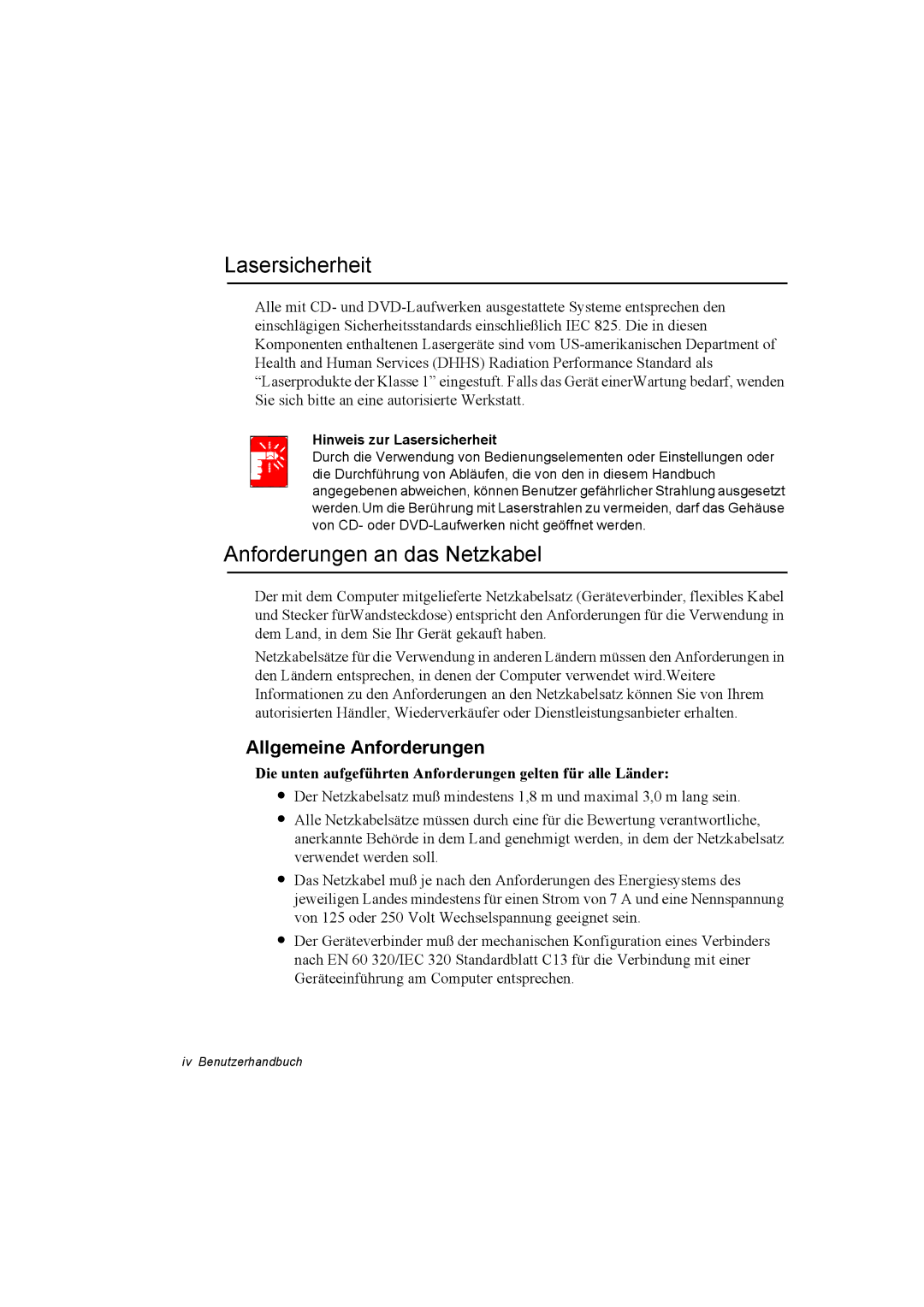 Samsung NQ10TP2U01/SEG, NQ10TP2X01/SEG manual Lasersicherheit, Anforderungen an das Netzkabel, Allgemeine Anforderungen 