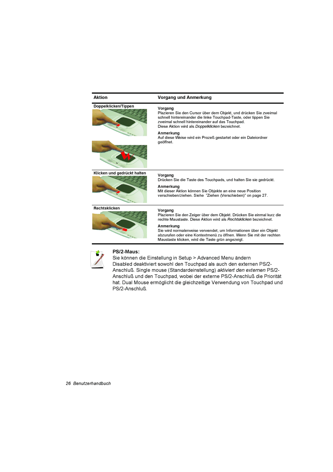 Samsung NQ10TP2X04/SEG, NQ10TP2X01/SEG, NQ10TK2A01/SEG, NQ10TK2T17/SEG manual PS/2-Maus, Doppelklicken/Tippen Vorgang 