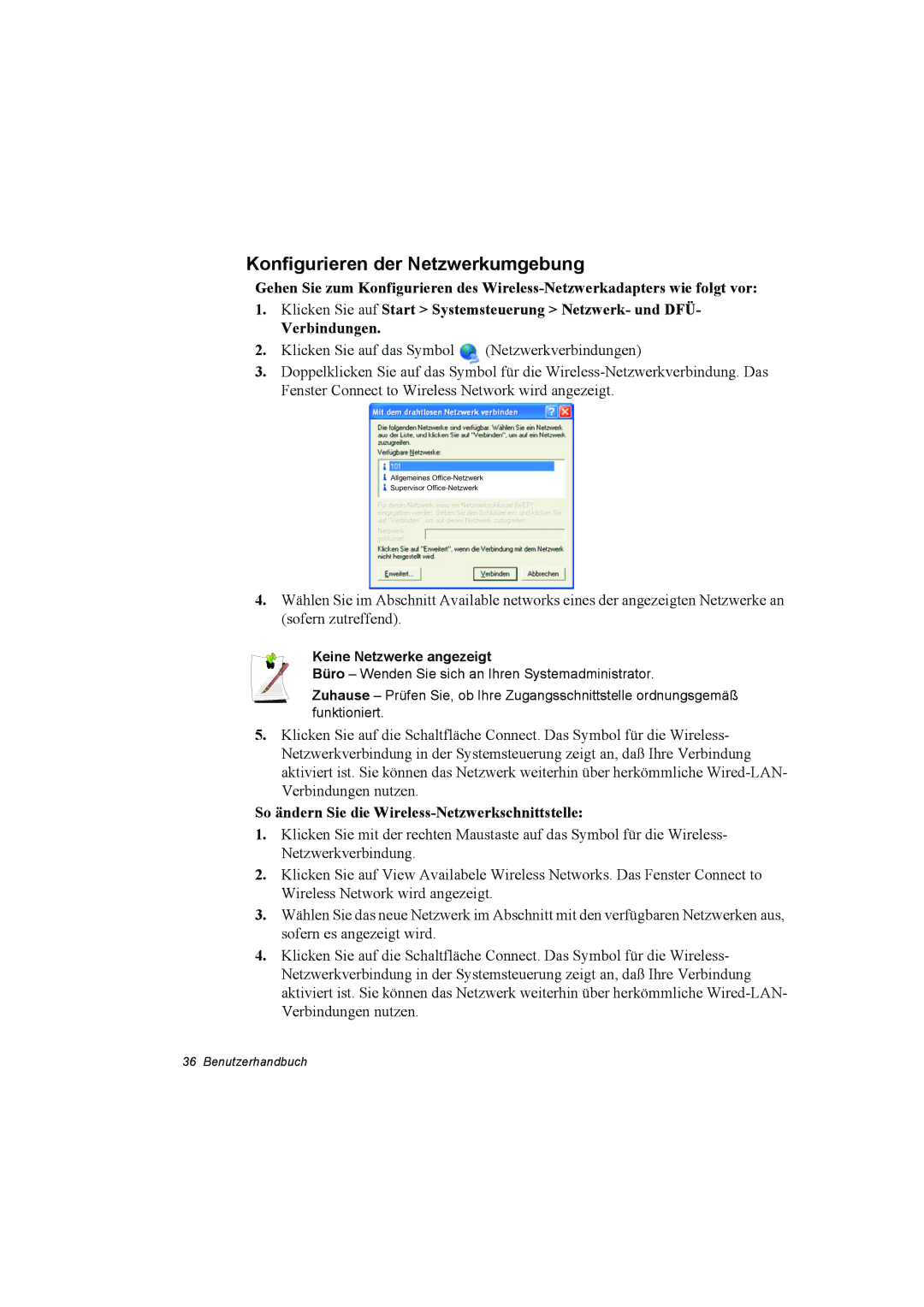 Samsung NQ10TK2X01/SUK, NQ10TP2X01/SEG manual So ändern Sie die Wireless-Netzwerkschnittstelle, Keine Netzwerke angezeigt 