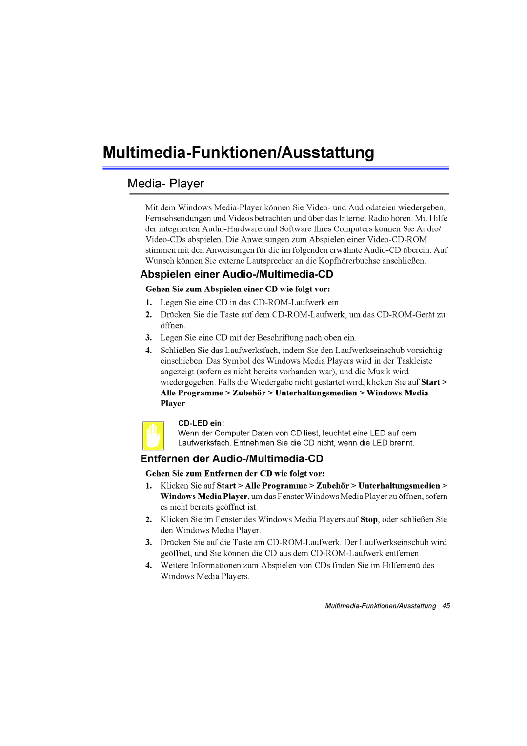 Samsung NQ10TK2X01/SEG manual Multimedia-Funktionen/Ausstattung, Media- Player, Abspielen einer Audio-/Multimedia-CD 