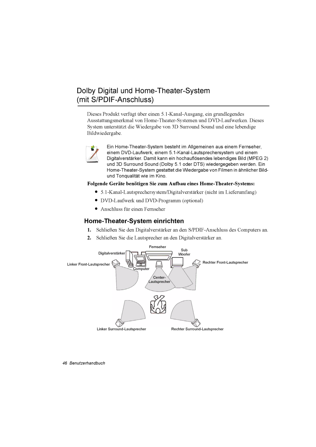 Samsung NQ10TP2X04/SUK manual Dolby Digital und Home-Theater-System mit S/PDIF-Anschluss, Home-Theater-System einrichten 