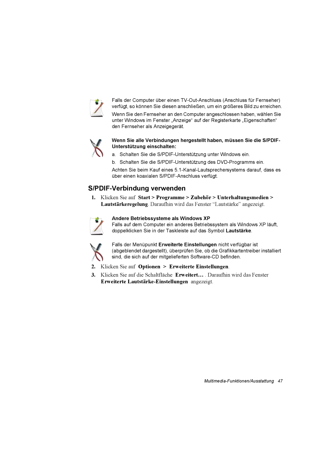 Samsung NQ10TP2T01/SEG, NQ10TP2X01/SEG manual PDIF-Verbindung verwenden, Klicken Sie auf Optionen Erweiterte Einstellungen 