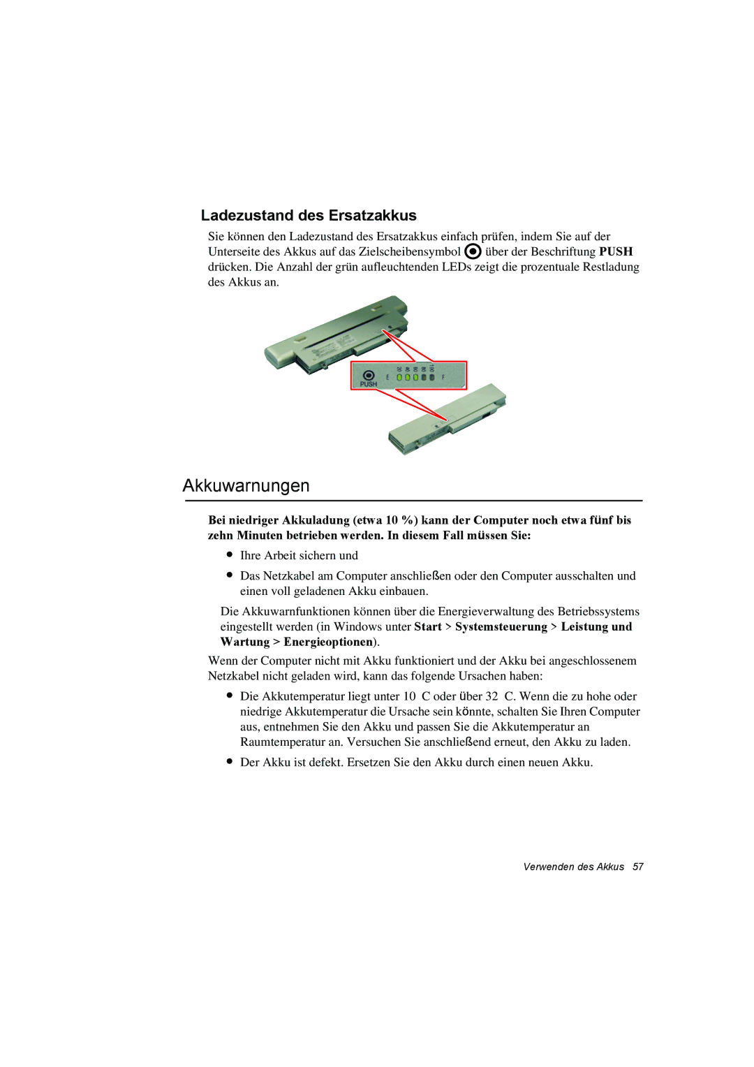 Samsung NQ10TP2X08/SEG, NQ10TP2X01/SEG, NQ10TK2A01/SEG, NQ10TP2X04/SEG manual Akkuwarnungen, Ladezustand des Ersatzakkus 