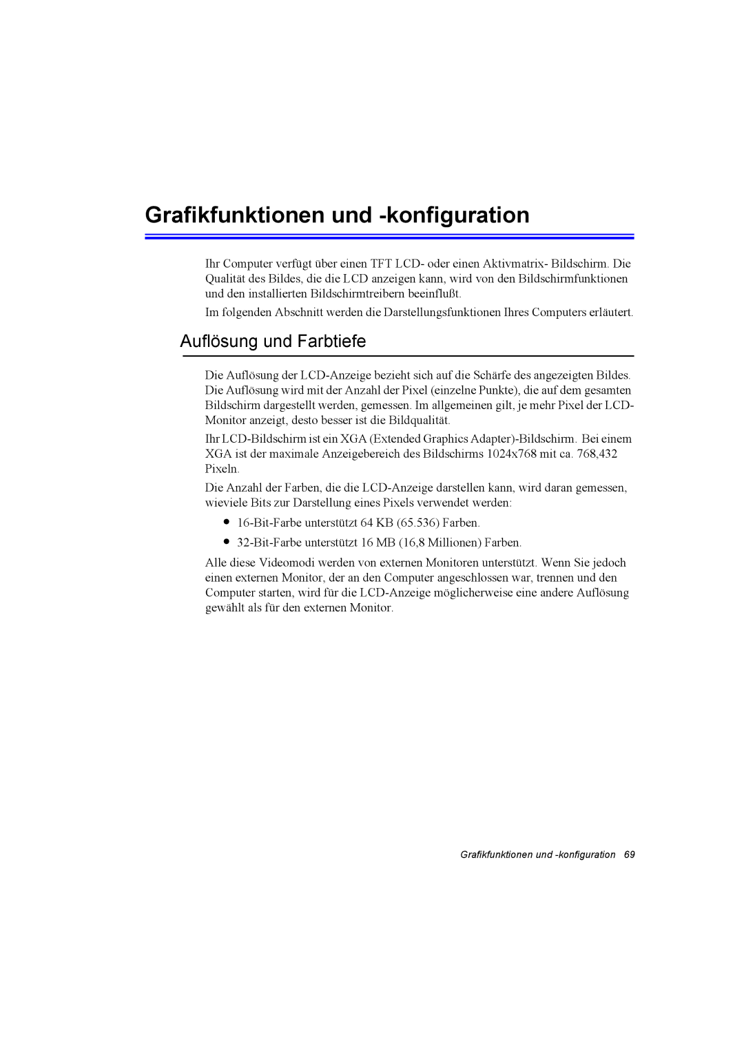 Samsung NQ10TK2X08/SEG, NQ10TP2X01/SEG, NQ10TK2A01/SEG manual Grafikfunktionen und -konfiguration, Auflösung und Farbtiefe 