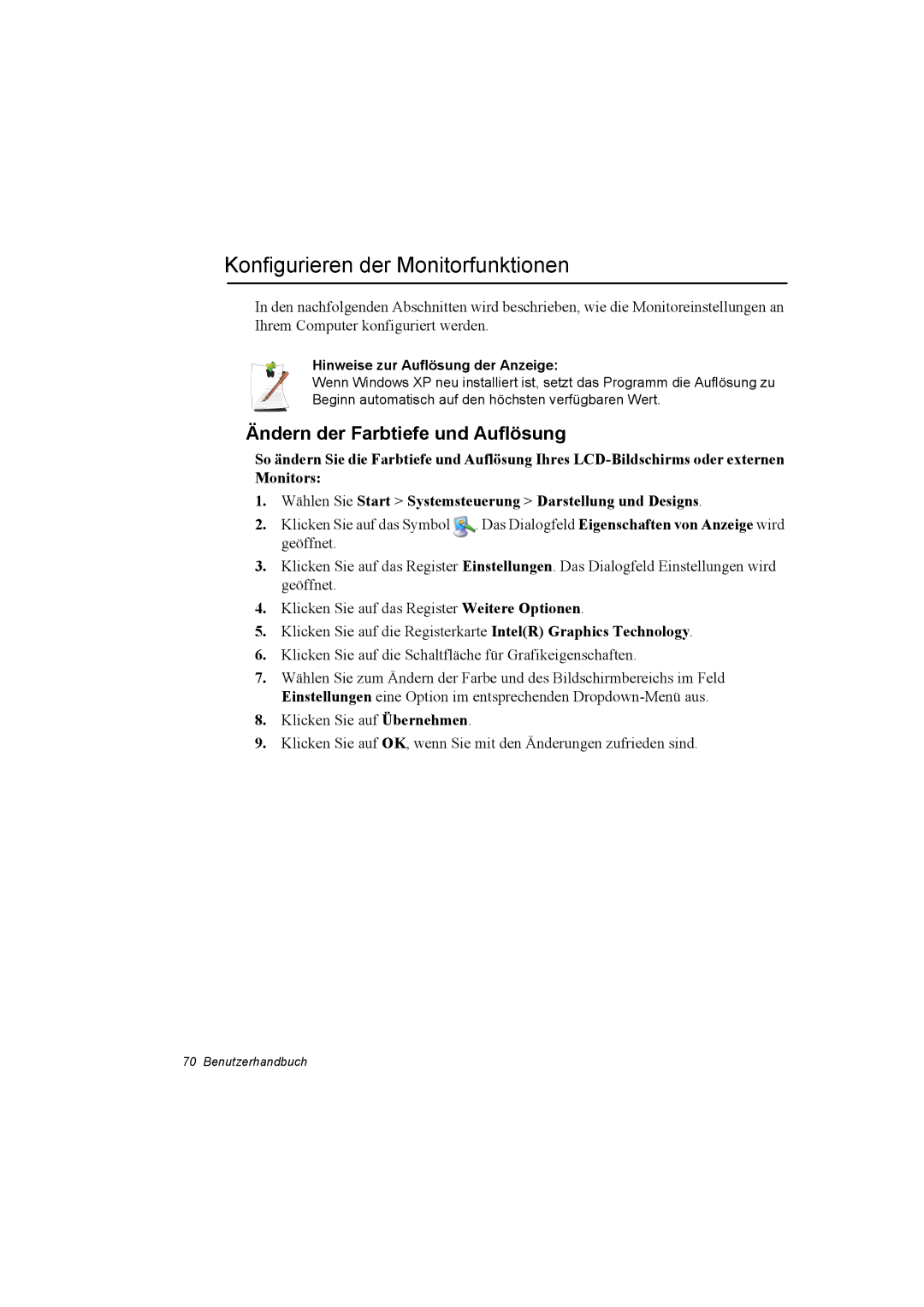 Samsung NQ10TP2X08/SEG, NQ10TP2X01/SEG manual Konfigurieren der Monitorfunktionen, Ändern der Farbtiefe und Auflösung 