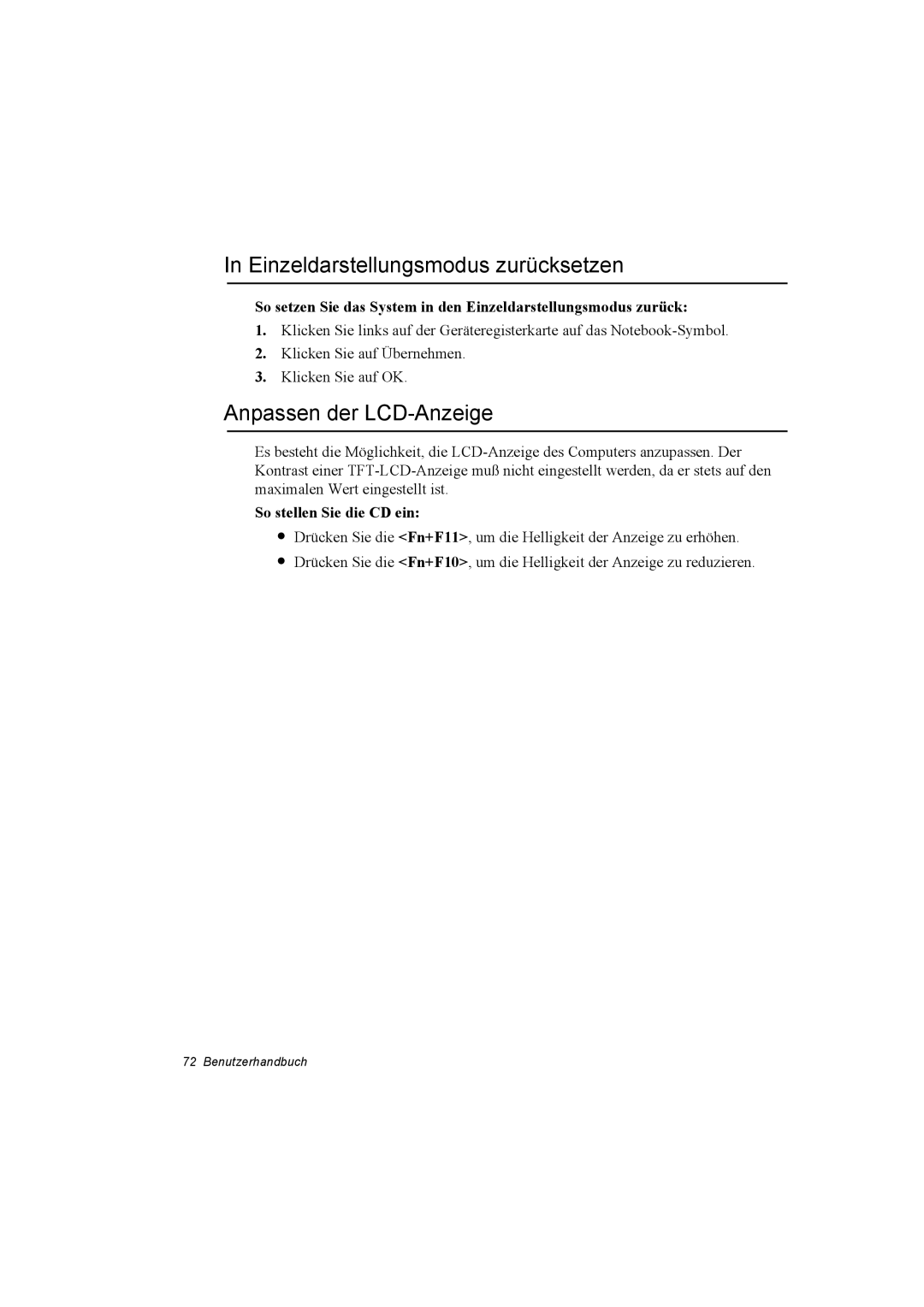 Samsung NQ10TP2X04/SUK manual Einzeldarstellungsmodus zurücksetzen, Anpassen der LCD-Anzeige, So stellen Sie die CD ein 