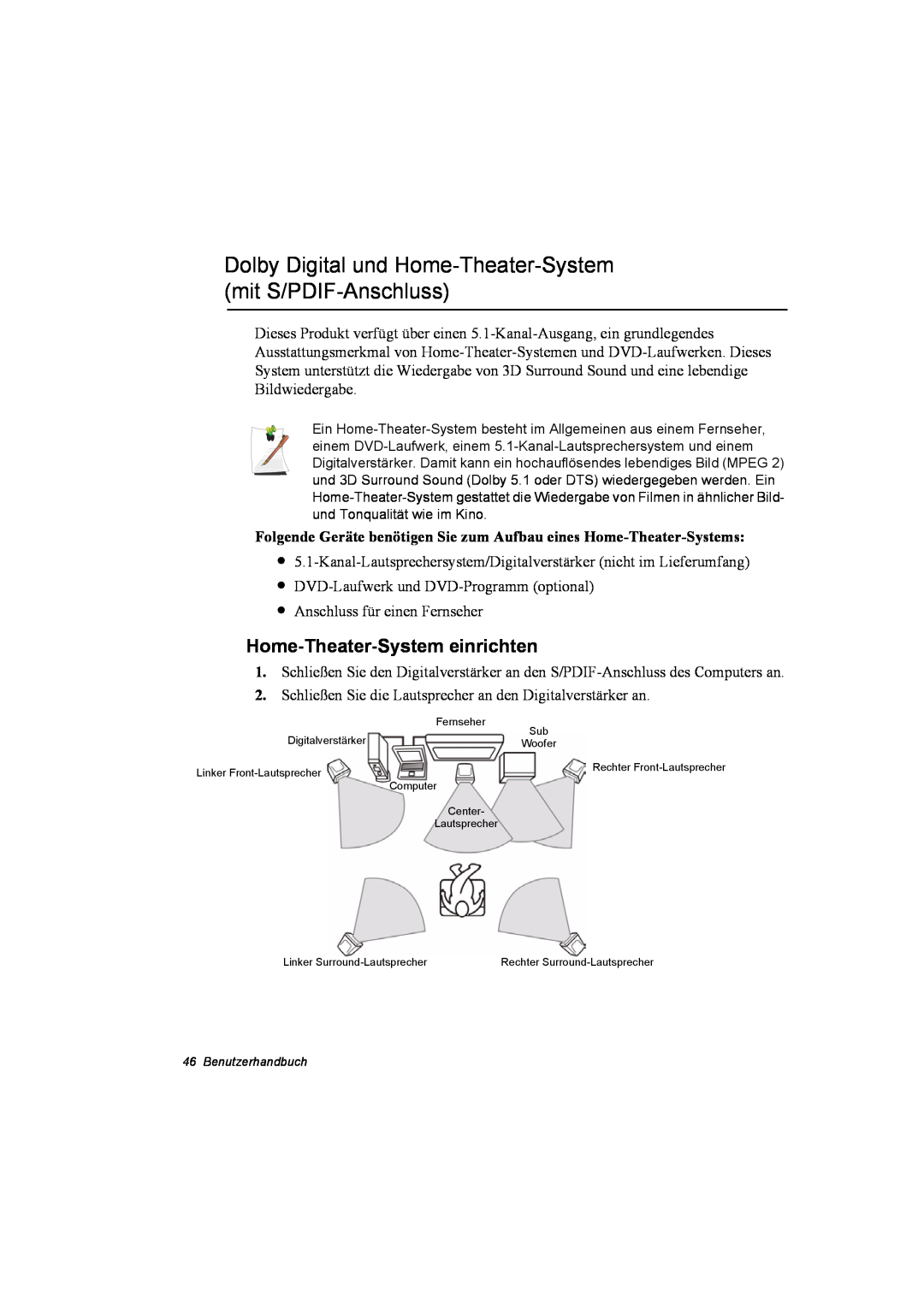 Samsung NQ10TP2X04/SUK manual Dolby Digital und Home-Theater-System mit S/PDIF-Anschluss, Home-Theater-System einrichten 