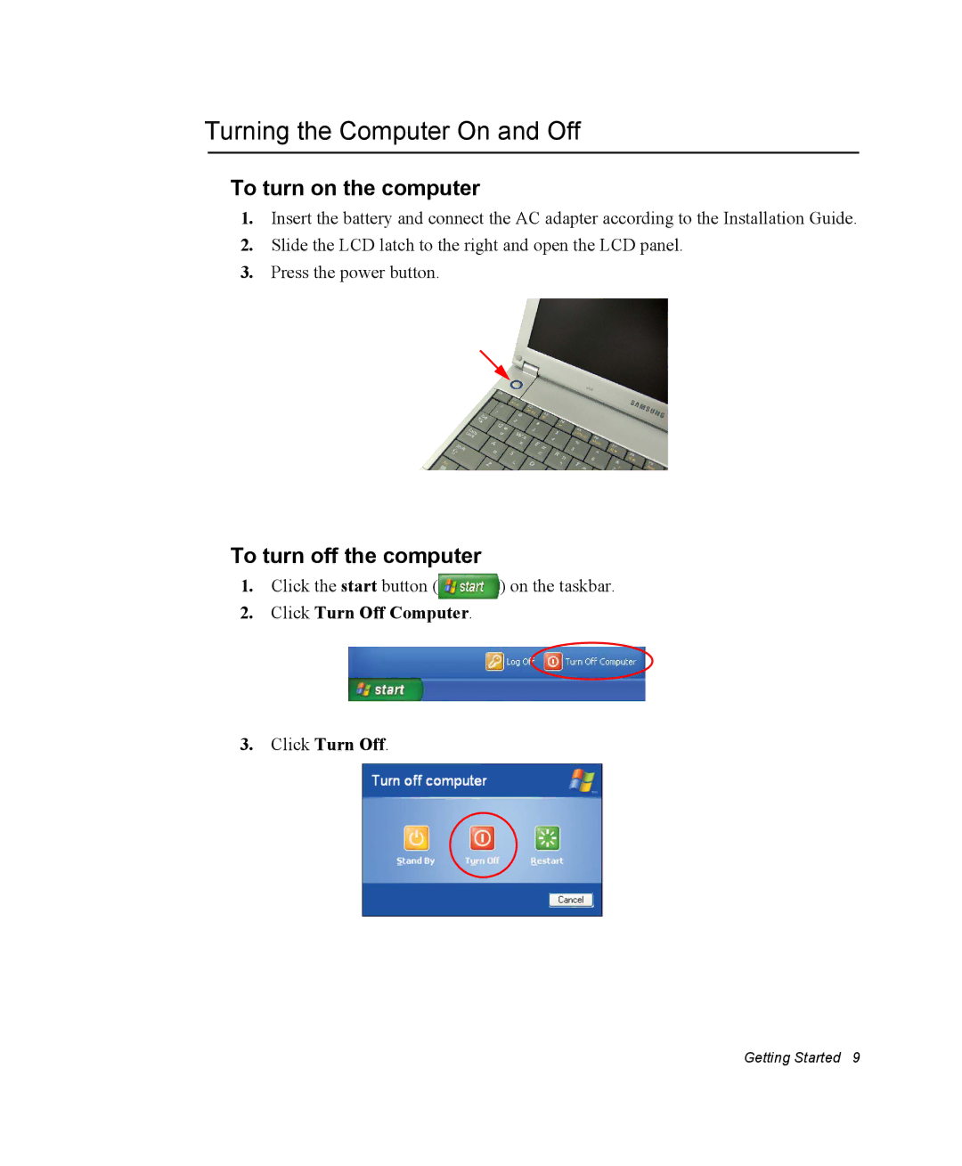 Samsung NQ25PRT001/SEG, NQ20RH3G98/SEK Turning the Computer On and Off, To turn on the computer, To turn off the computer 