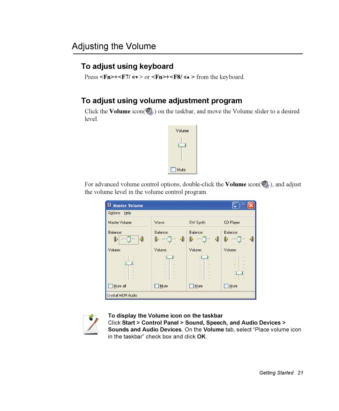 Samsung NQ20RP3GH8/SEF manual Adjusting the Volume, To adjust using keyboard, To adjust using volume adjustment program 