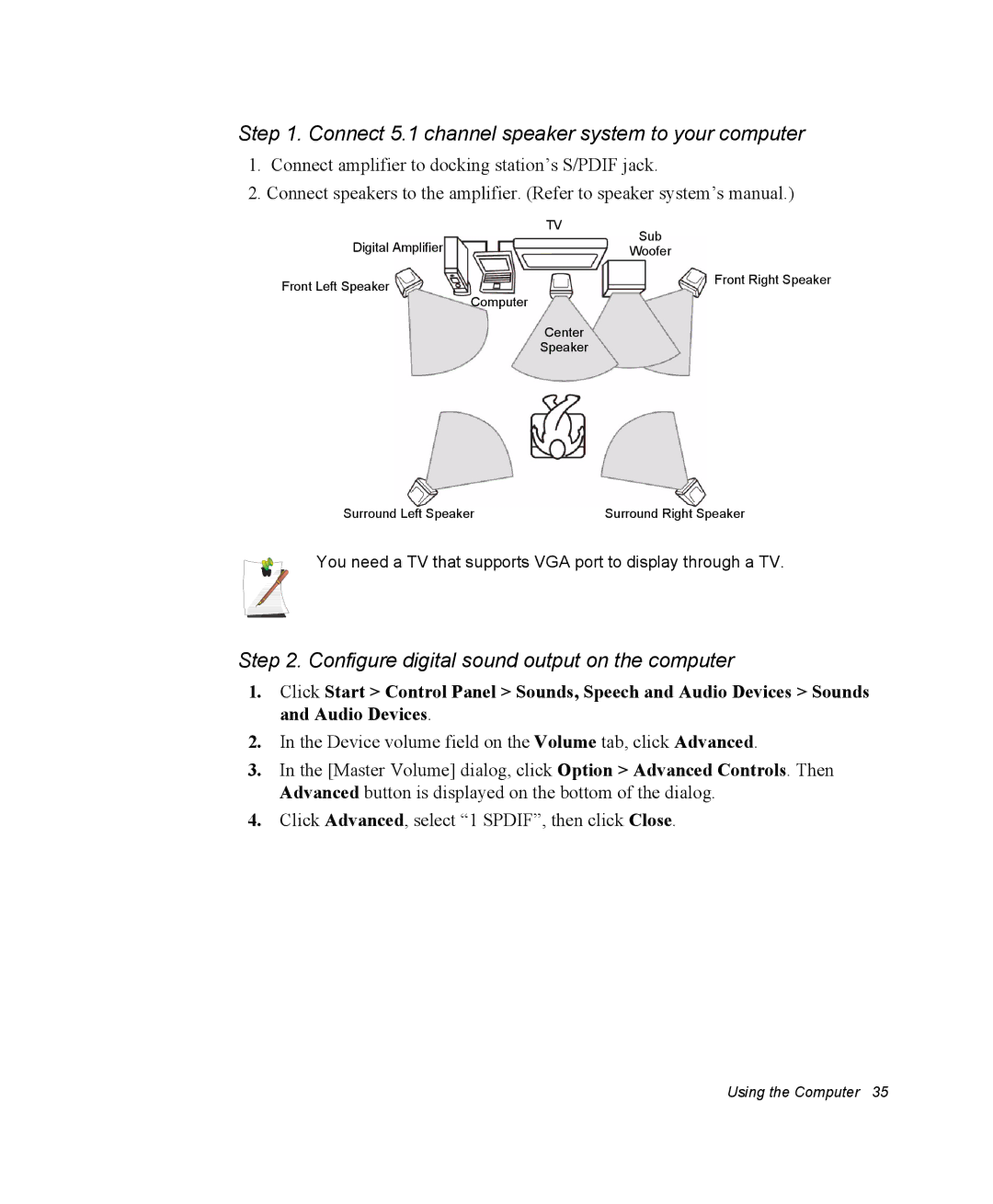 Samsung NQ25PRT003/SEG Connect 5.1 channel speaker system to your computer, Configure digital sound output on the computer 