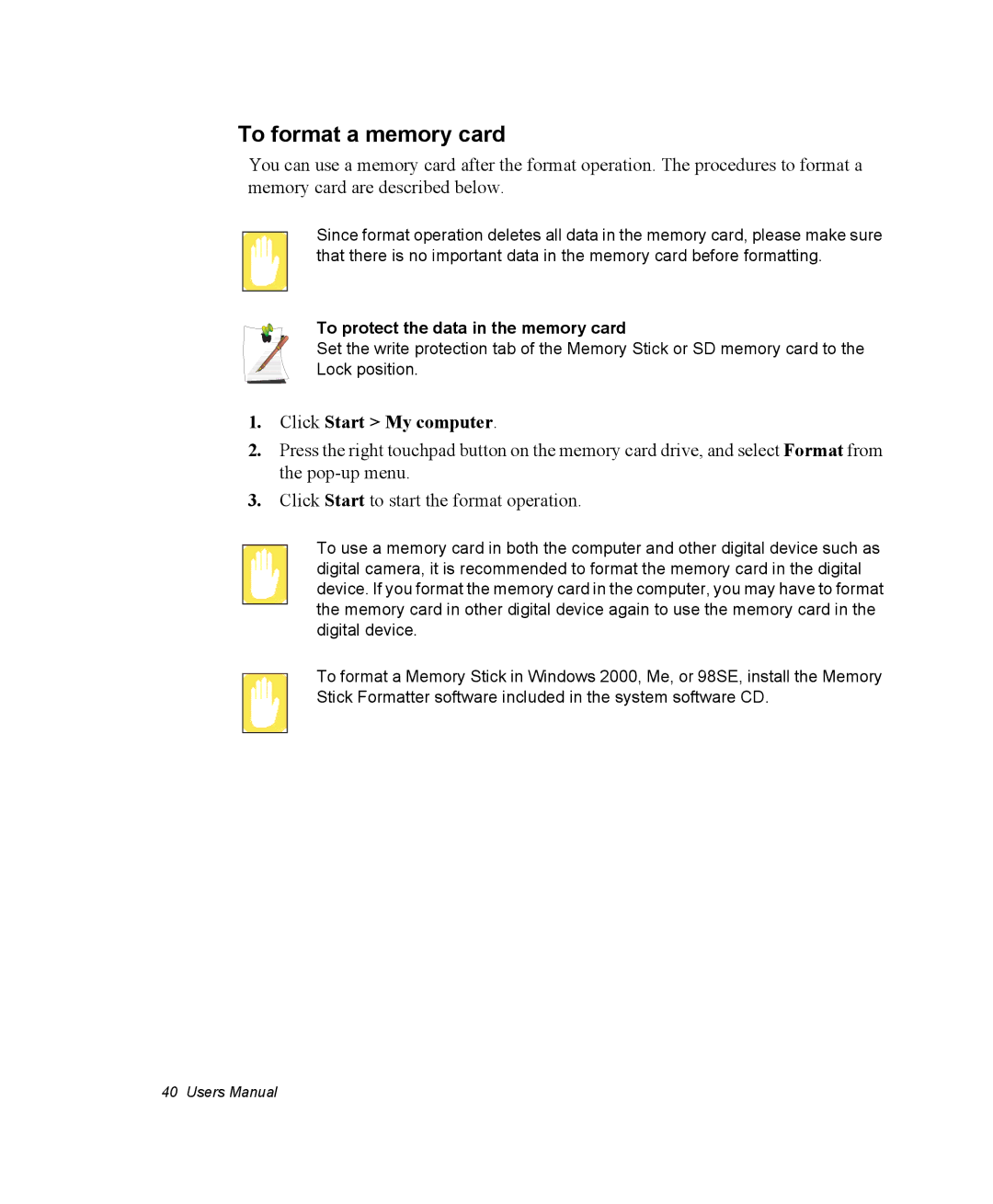 Samsung NQ25PRT000/SEF, NQ20RH3G98/SEK, NQ25TP06M6/SUK manual To format a memory card, To protect the data in the memory card 