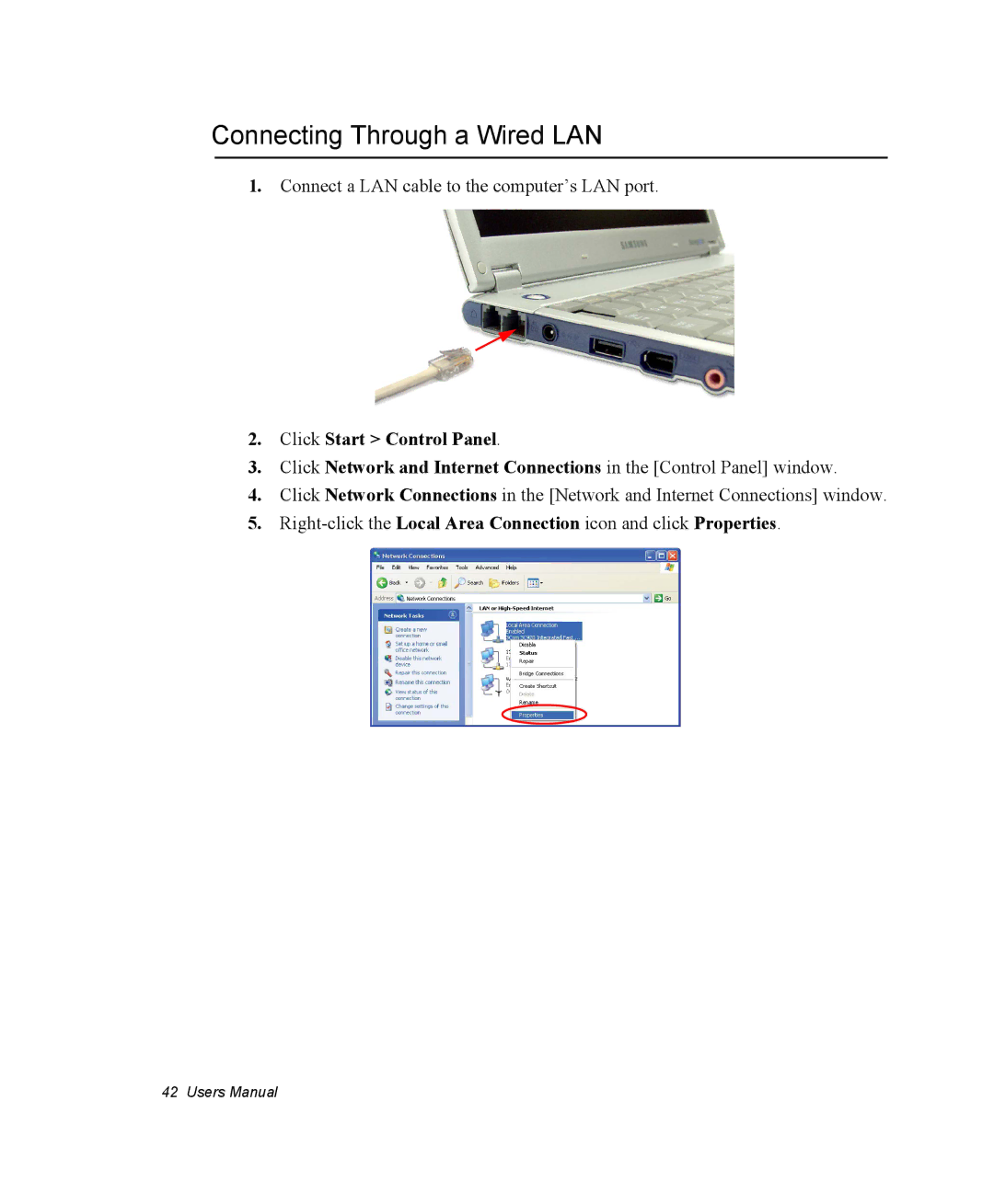 Samsung NQ25PRT001/SEF, NQ20RH3G98/SEK, NQ25TP06M6/SUK manual Connecting Through a Wired LAN, Click Start Control Panel 