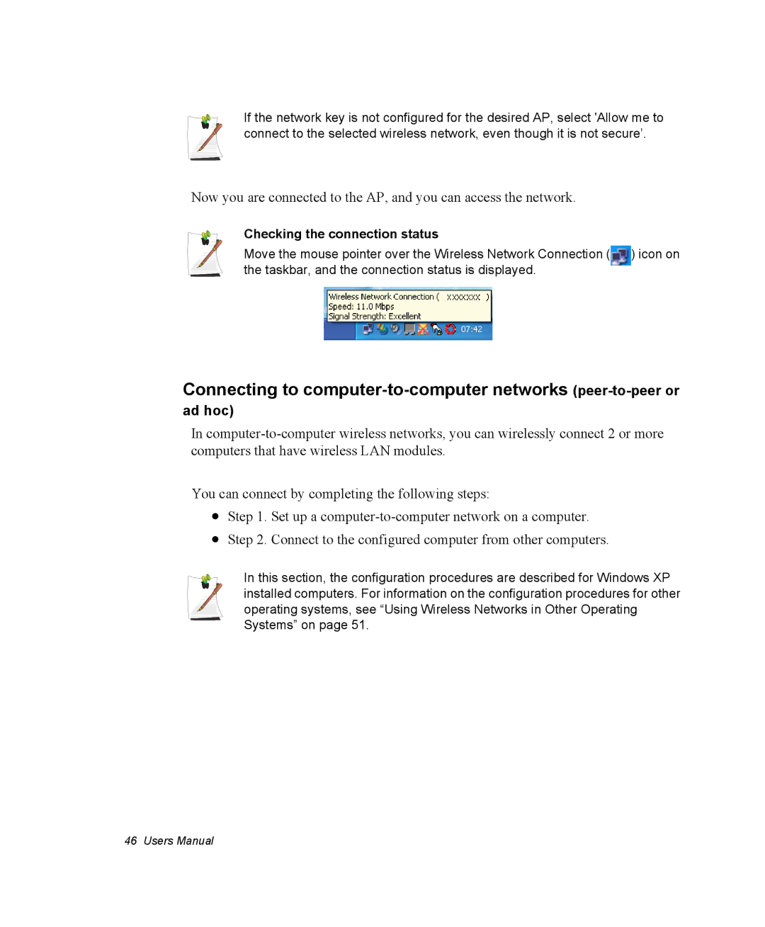 Samsung NQ25PRT004/SEF manual Connecting to computer-to-computer networks peer-to-peer or, Checking the connection status 