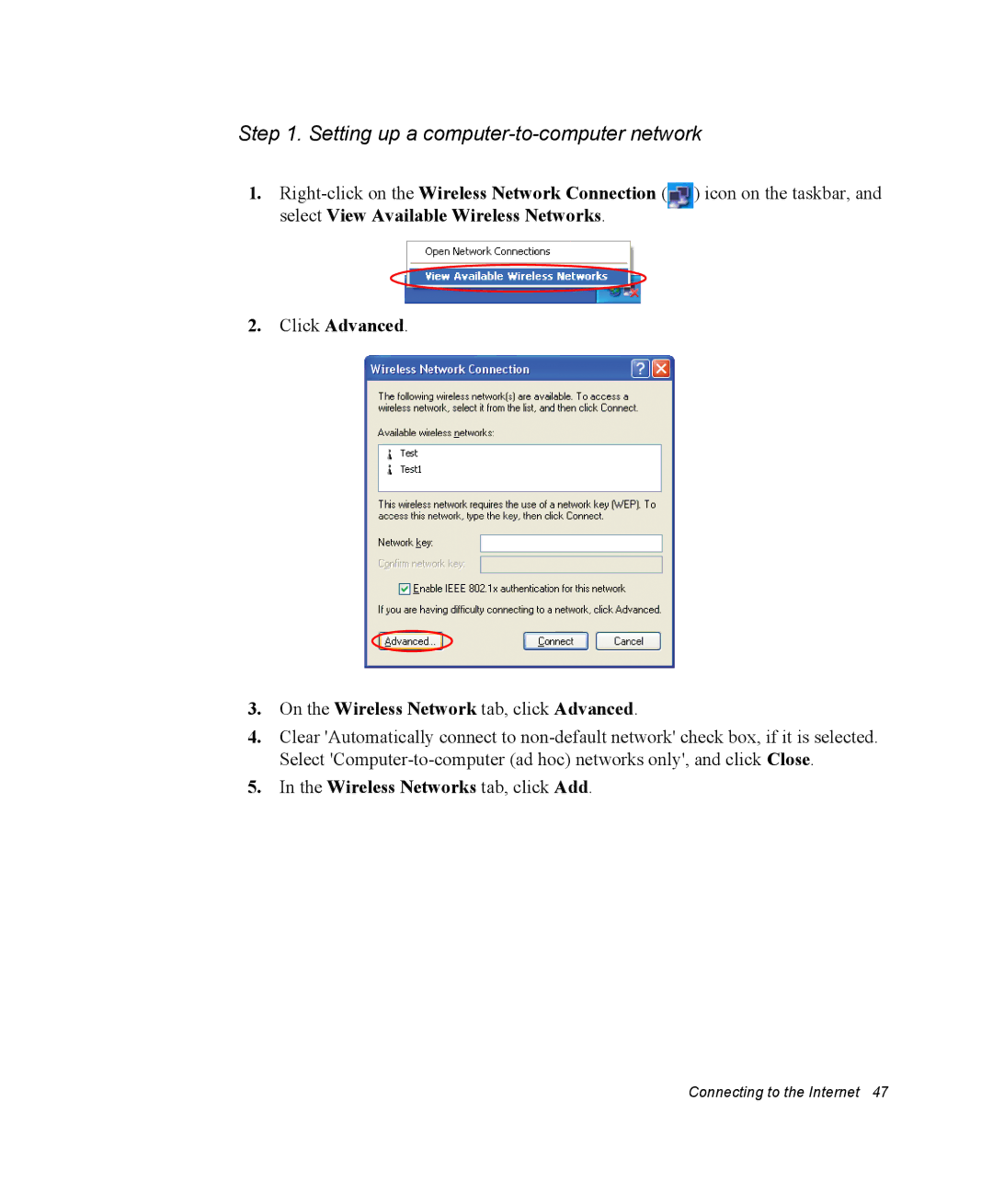 Samsung NQ20RH3G98/SEK, NQ25TP06M6/SUK manual Setting up a computer-to-computer network, Wireless Networks tab, click Add 