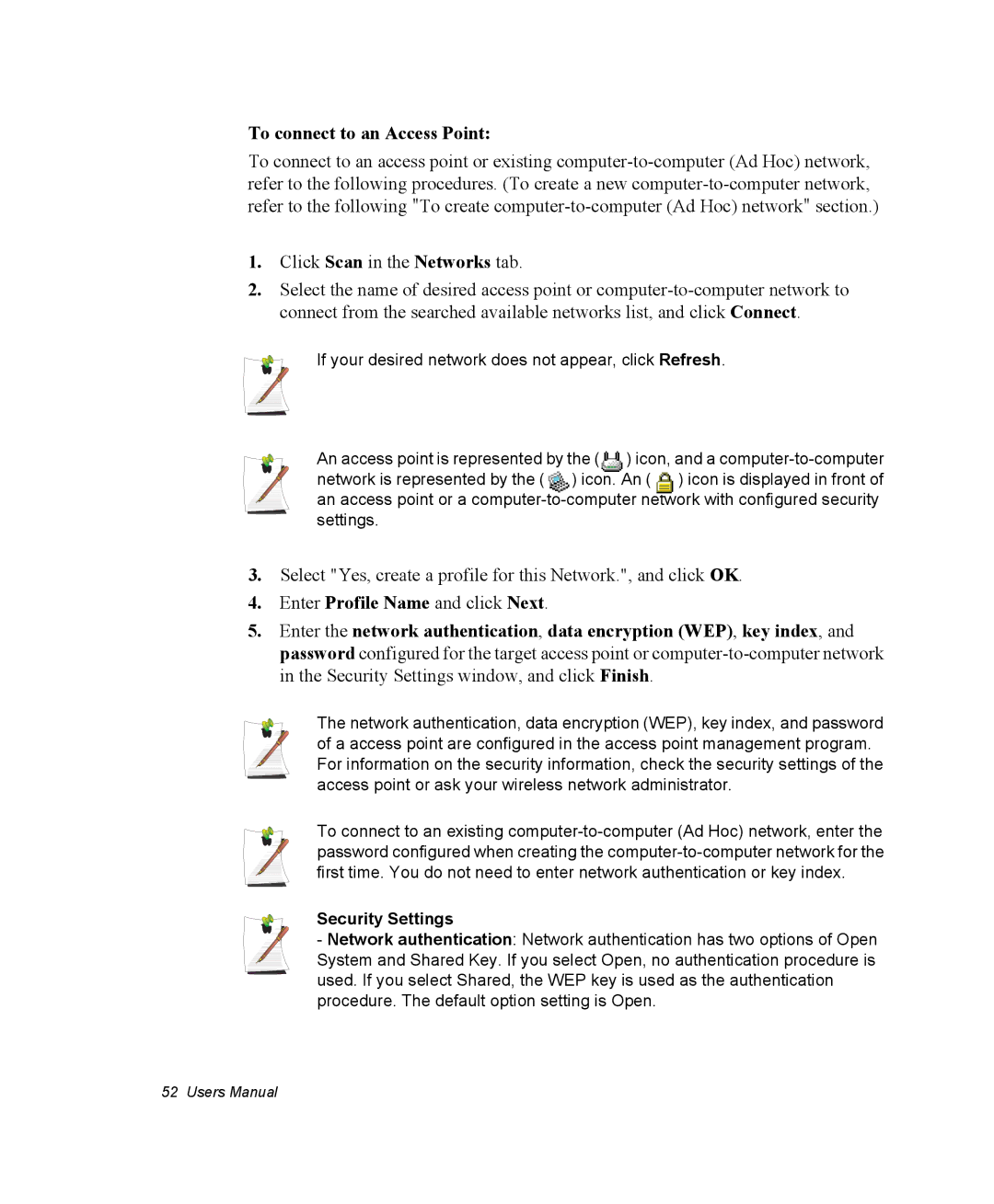 Samsung NQ25RP04NV/SEK, NQ20RH3G98/SEK, NQ25TP06M6/SUK, NQ25PRT001/SEG manual To connect to an Access Point, Security Settings 